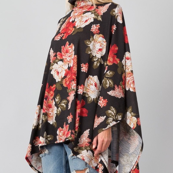 Floral Turtleneck Poncho Sweater Top - Picture 3 of 4